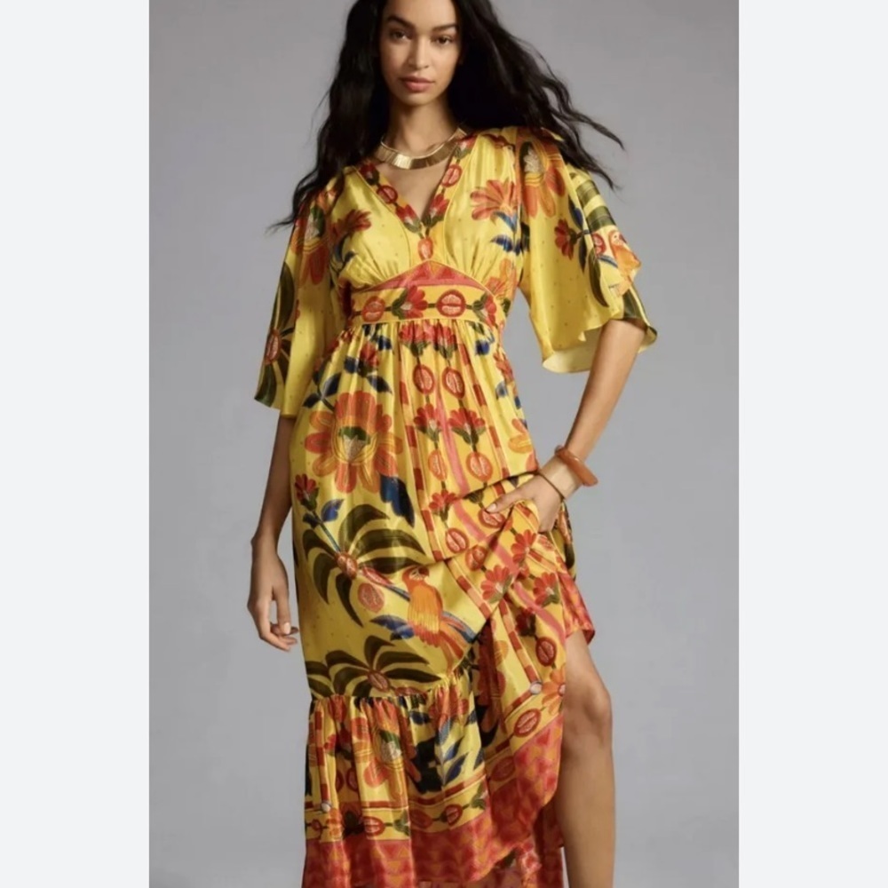 NWT Anthropologie x FARM RIO PRINTED V-NECK RUFFLE-HEM DRESS small